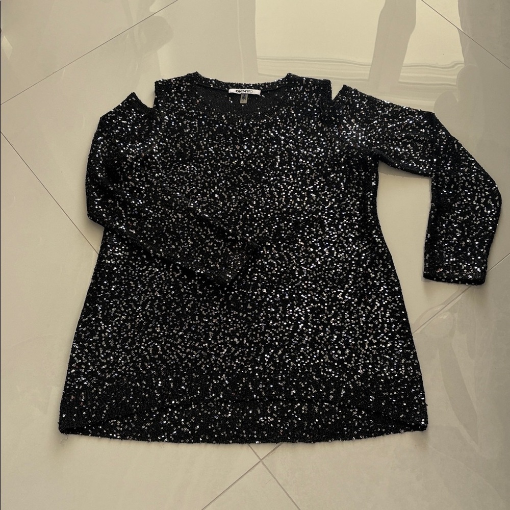 DKNYC Black Sequin Shoulder Cutout Sweater